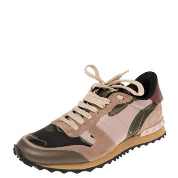 مملوكة مسبقًا Valentino Multicolor Camouflage Leather And Suede Leather Rockrunner Low Top Sneakers Size 38