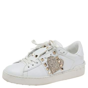 Pre Owned Valentino White Leather Rockstud Sneakers Size 38.5