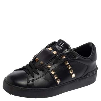 Pre Owned Valentino Black Leather Rockstud Low Top Sneakers Size 35.5