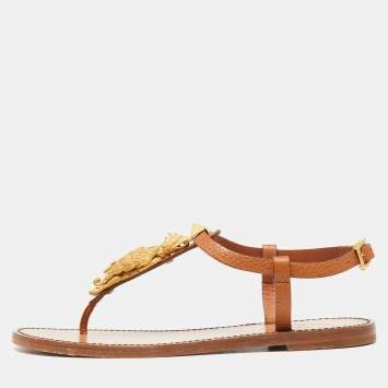 Pre Owned Valentino Brown Leather Scarab Thong Flat Sandals Size 36.5