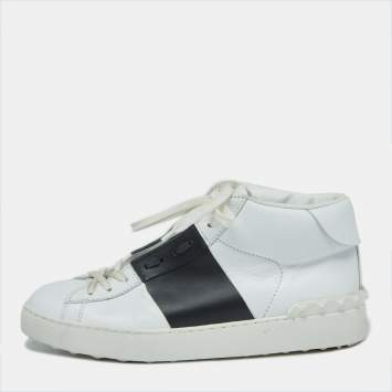 Pre Owned Valentino White/Black Banded Leather High Top Sneakers Size 40