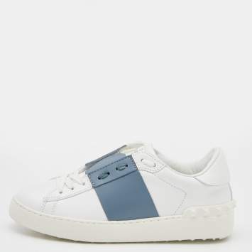 Pre Owned Valentino White/Grey Leather Rockstud Low-Top Sneakers Size 36.5