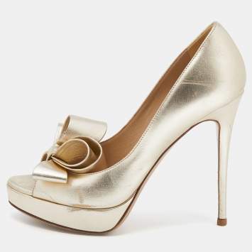 Pre Owned Valentino Metallic Gold Leather Bow Peep Toe Platform Pumps Size 36.5