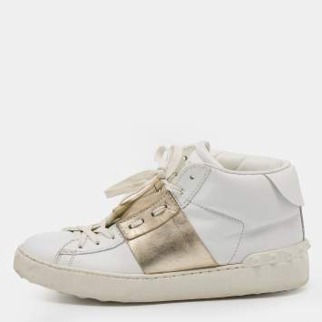 Pre Owned Valentino White/Gold Leather Rockstud Lace Up Sneakers Size 38