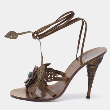 Pre Owned Valentino Olive Green Leather Leaf Applique Ankle-Tie Sandals Size 39