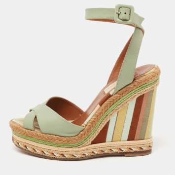 Pre Owned Valentino Pastel Green Leather 1973 Espadrille Wedge Ankle-Strap Sandals Size 35.5