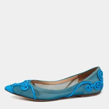 Pre Owned Valentino Navy Blue Mesh And Leather Ballet  Flats Size 38