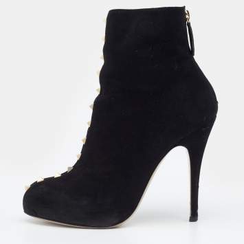 Pre Owned Valentino Black Suede Rockstud Ankle Length Boots Size 38