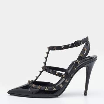 Pre Owned Valentino Black Patent Leather and Leather Rockstud Ankle Strap Pumps Size 37.5