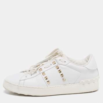 Pre Owned Valentino White Leather Rockstud lace Up Sneakers Size 39.5