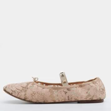 Pre Owned Valentino Beige Lace Rockstud Ballet Flats Size 40.5