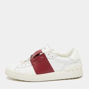 مملوكة مسبقًا Valentino White/Burgundy Leather Low Top Sneakers Size 39 