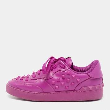 مملوكة مسبقًا Valentino Shocking Pink Leather Rockstud Lace Up Sneakers Size 38