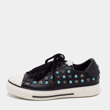 Pre Owned Valentino Black Leather Star Studded Low Top Sneakers Size 36