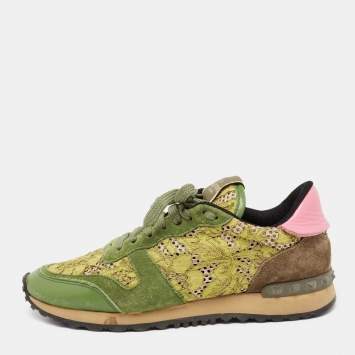Pre Owned Valentino Multicolor Leather And Lace Rockrunner Sneakers Size 40