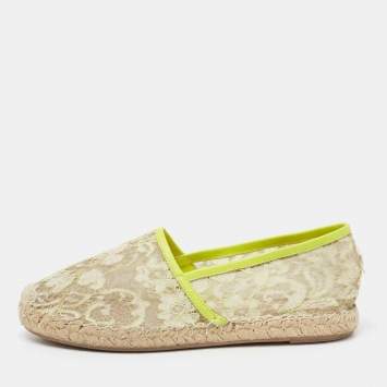 Pre Owned Valentino Neon Yellow Lace Flat Espadrilles Size 36