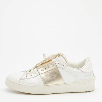 Pre Owned Valentino White/Gold Leather Rockstud Low Top Open Sneakers Size 40