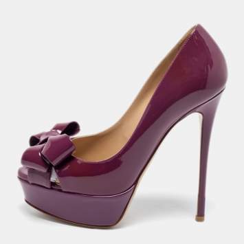 Pre Owned Valentino Purple Patent Leather Bow Open Toe Pumps Size 36 