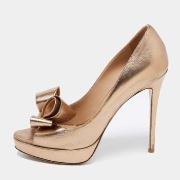 Pre Owned Valentino Metallic Gold Leather Bow Peep Toe Platform Pumps Size 38