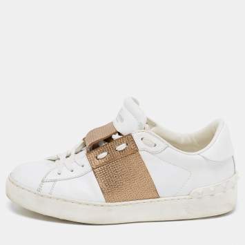 Pre Owned Valentino White/Gold Leather Open Rockstud Low Top Sneakers Size 37