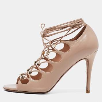 Pre Owned Valentino Beige Leather Rockstud Open Toe Lace Up Ankle Tie Pumps Size 36
