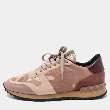 Pre Owned Valentino Pink Leather, Suede and Camouflage Canvas Rockrunner Low-Top Sneakers Size 38