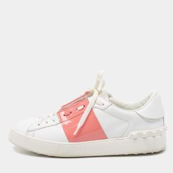 Pre Owned Valentino White/Pink Leather and Patent Band Low-Top Sneakers Size 39