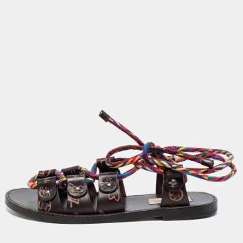 Pre Owned Valentino Brown Leather And Multicolor Cord Flat Gladiator Sandals Size 35