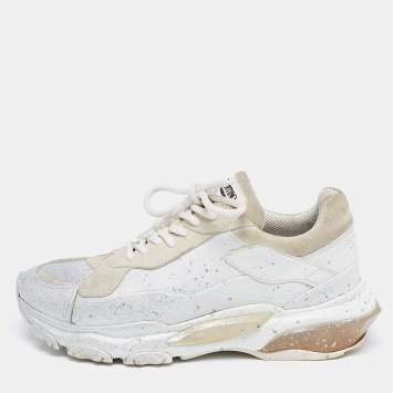 Pre Owned Valentino White/Beige Leather and Suede Spray Paint Bounce Low-Top Sneakers Size 39.5