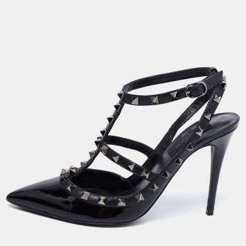 Pre Owned Valentino Black Patent and Leather Rockstud Ankle Strap Pumps Size 38.5