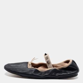 Pre Owned Valentino Black Leather Rockstud Bow Scrunch Ballet Flats Size 36