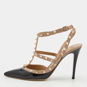 Pre Owned Valentino Black/Beige Patent and Leather Rockstud Ankle Strap Pumps Size 40