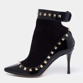 Pre Owned Valentino Black Patent Leather and Suede Rockstud Ankle Boots Size 37