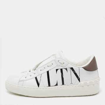 Pre Owned Valentino White/Metallic Bronze  Leather VLTN Low-Top Sneakers  Size 36.5