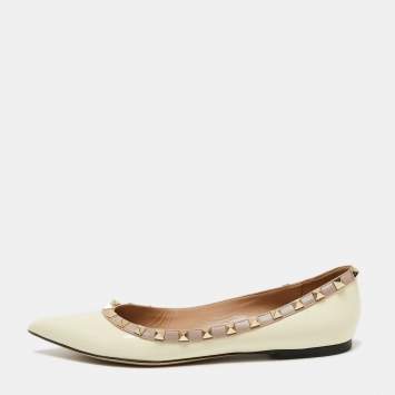 Pre Owned Valentino Cream Patent Leather Rockstud Ballet Flats Size 39