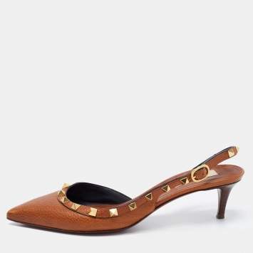 Pre Owned Valentino Brown Leather Rockstud Slingback Pumps Size 38.5
