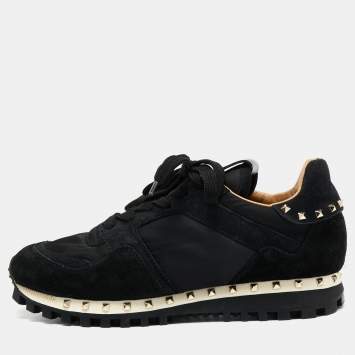 Pre Owned Valentino Black Suede and Camouflage Fabric Rockstud Low Top Sneakers Size 35