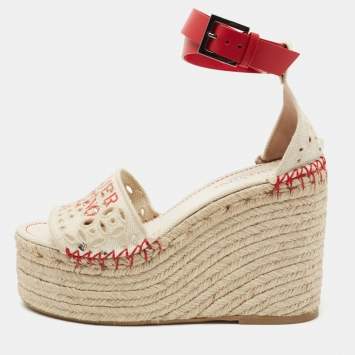 Pre Owned Valentino White/Red Canvas and Leather Eyelet Wedge Espadrille Sandals Size 36