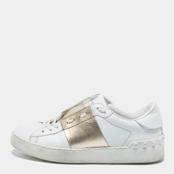 Pre Owned Valentino White/Gold  Leather  Rockstud Low Top Sneakers Size 37