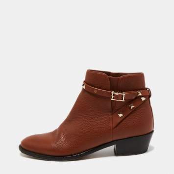 Pre Owned Valentino Brown Leather Rockstud Ankle Length Boots Size 39