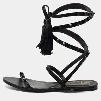Pre Owned Valentino Black Leather Rockstud Ankle Wrap Sandals Size 36