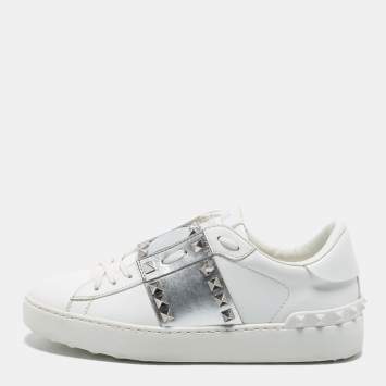 Pre Owned Valentino White/Silver Leather Rockstud Sneakers Size 36