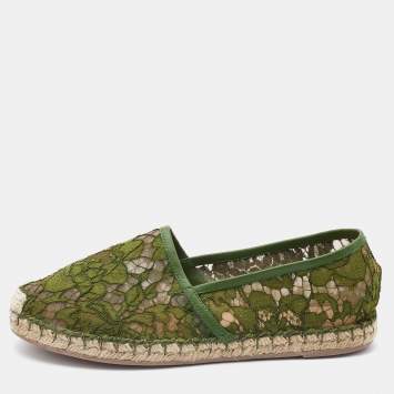 Pre Owned Valentino Green Floral Lace and Mesh Espadrille Flats Size 39