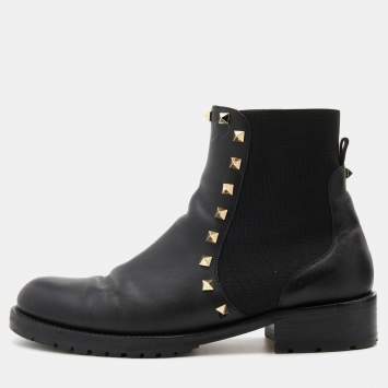 Pre Owned Valentino Black Leather and Stretch Fabric Rockstud Chelsea Ankle Boots Size 38