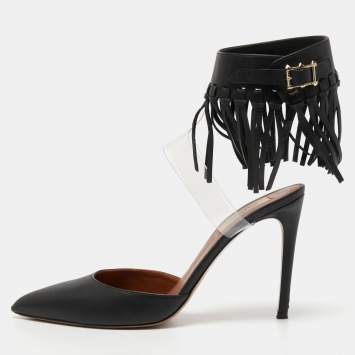 Pre Owned Valentino Black Leather and PVC C-Rockee Fringe Ankle Wrap Pumps Size 39.5