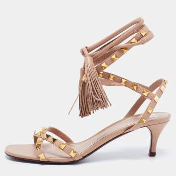 Pre Owned Valentino Beige Leather Rockstud Ankle Wrap Sandals Size 38.5