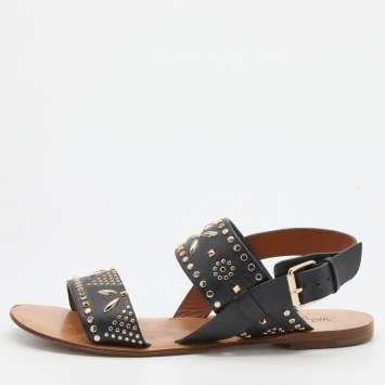 Pre Owned Valentino Black Embellished Leather Ankle Strap Flats Size 36