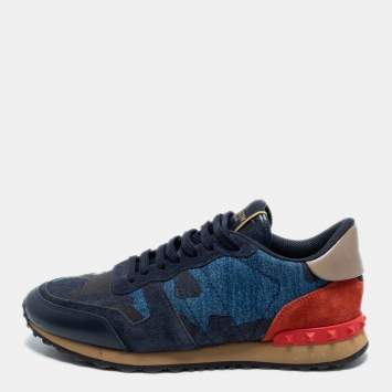 Pre Owned Valentino Blue Leather and Suede Rockrunner Sneakers Size 41
