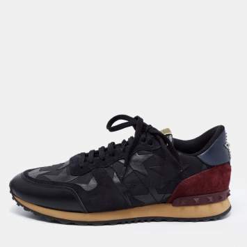Pre Owned Valentino Black/Burgundy Camouflage Canvas and Leather Star Embellished Slip On Sneakers Size 41