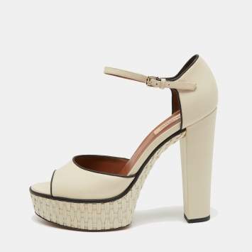 Pre Owned Valentino Cream Leather Platform Ankle Strap  Pumps Size 40.5